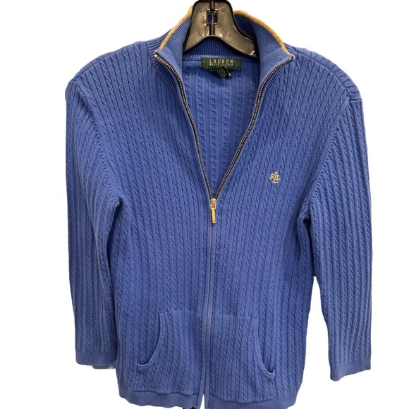 Lauren Ralph Lauren Women’s Cable Knit Sweater Full Zip Blue Size MP - Picture 1 of 8